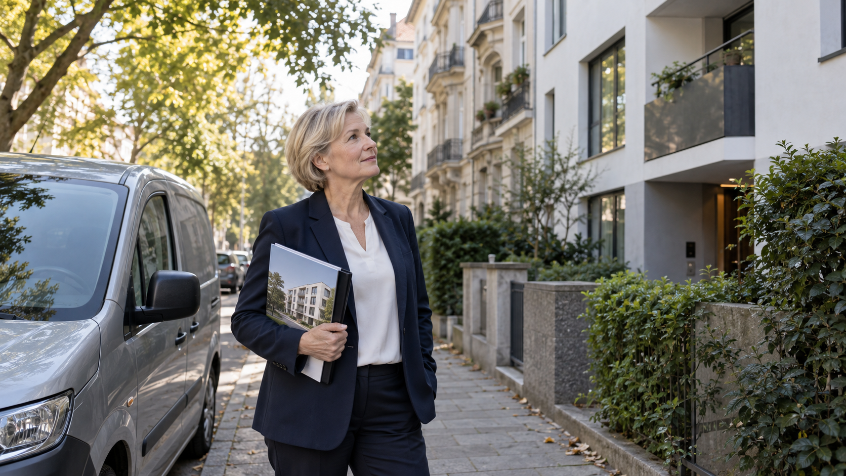 Verkäuferin mit Immobilienunterlagen neben einem Fahrzeug in einer Wohnstraße