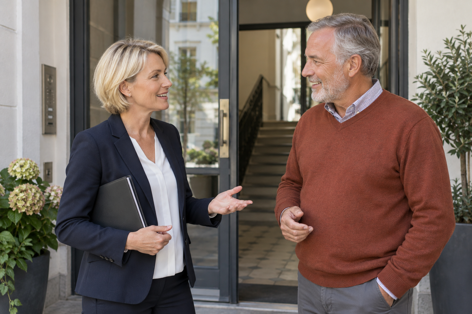 Verkaufsmitarbeiterin und Eigentümer im Gespräch am Hauseingang